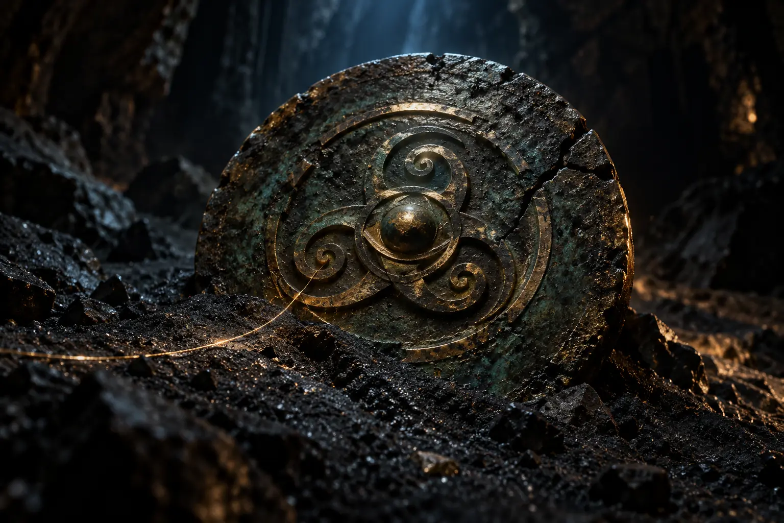 A corroded bronze disc bearing an unfamiliar spiral sigil, half buried in black sand