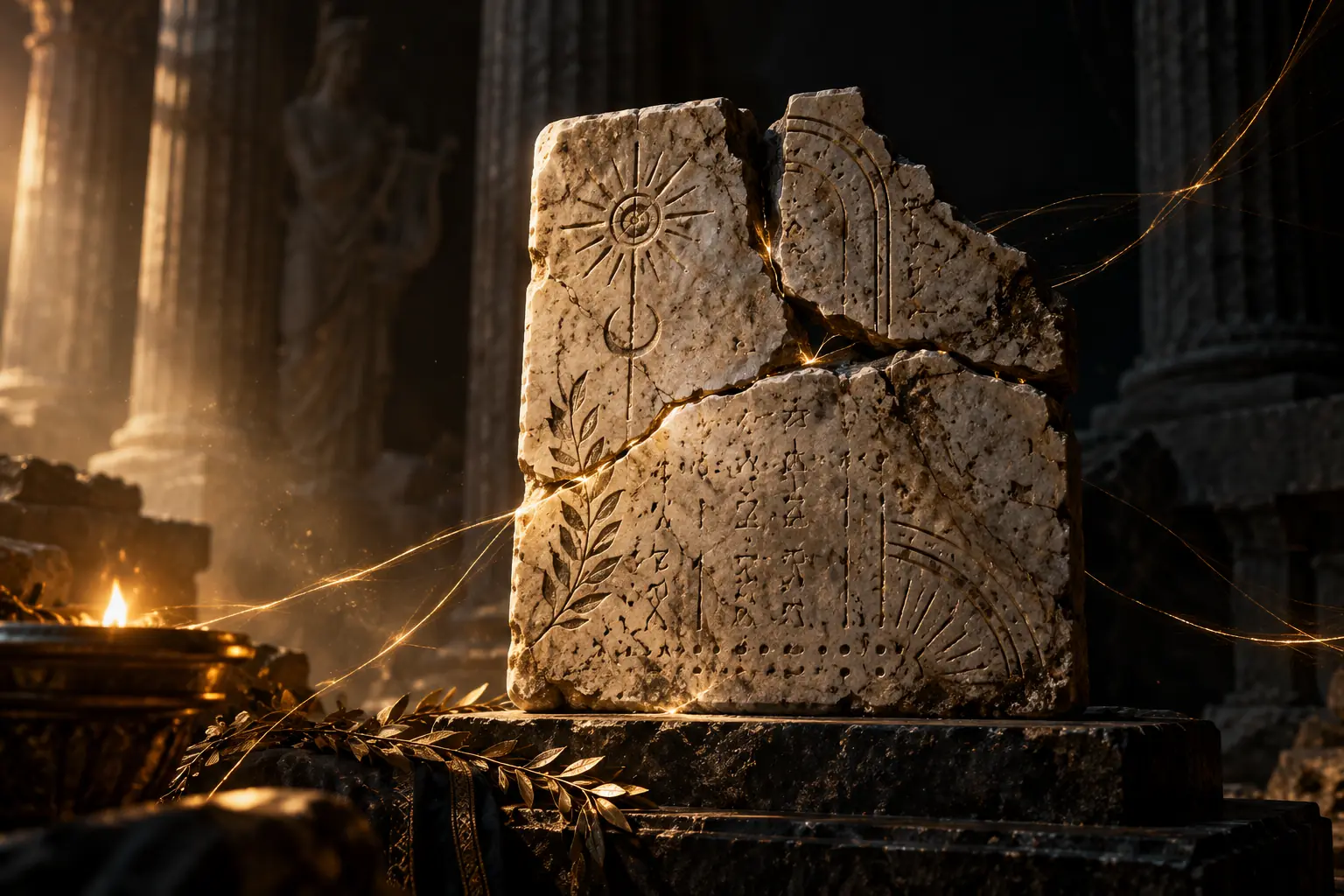 A shattered stone tablet with worn carvings, thin golden threads passing through its cracks