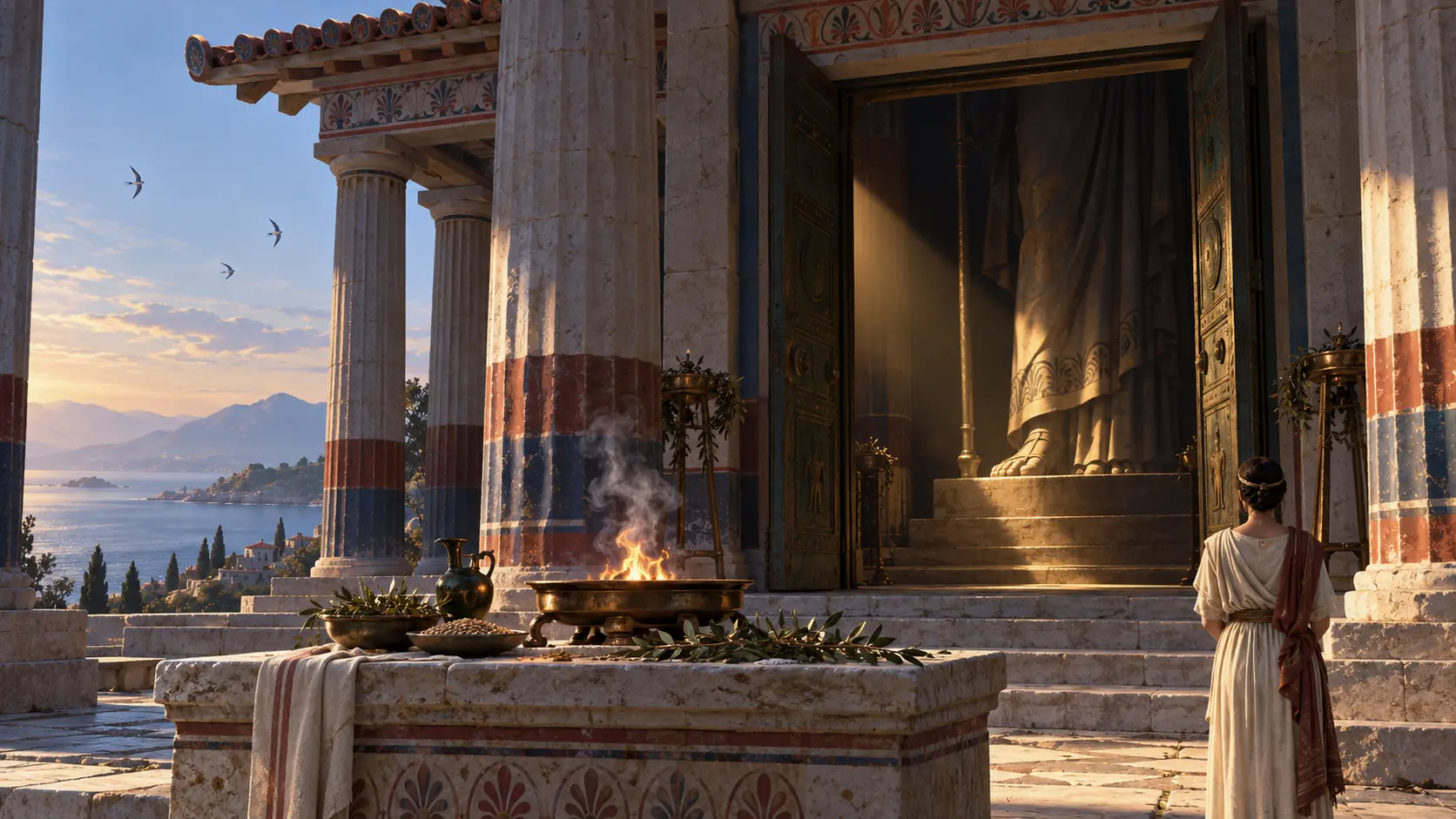 Dawn at a painted temple: smoke rises from an altar of grain and olive oil, and through the open bronze doors a shaft of light falls on the feet of a great statue whose face is lost in shadow, while a priestess waits.