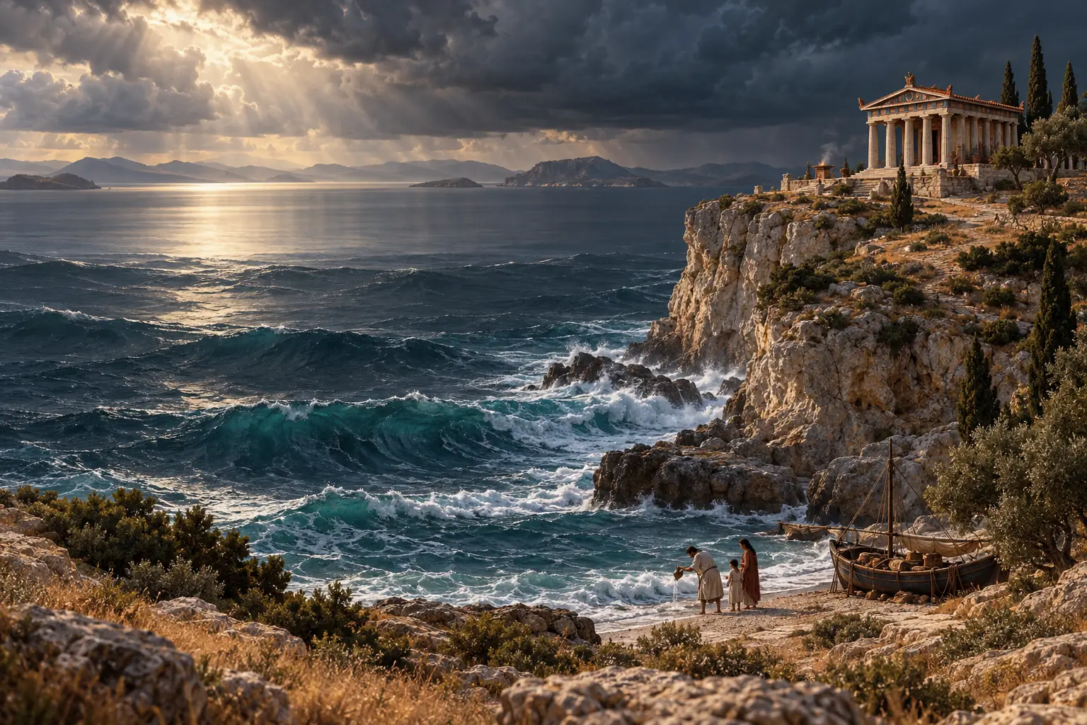A temple of Poseidon on the edge of a sheer cliff above a storm-lit sea, while a fishing family pours a libation into the surf below.