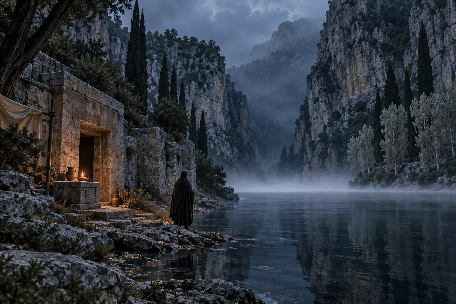 The dark river Acheron flowing out of a limestone gorge, with cypresses, a stone sanctuary with a single burning lamp, and mist that stops exactly at the far bank.