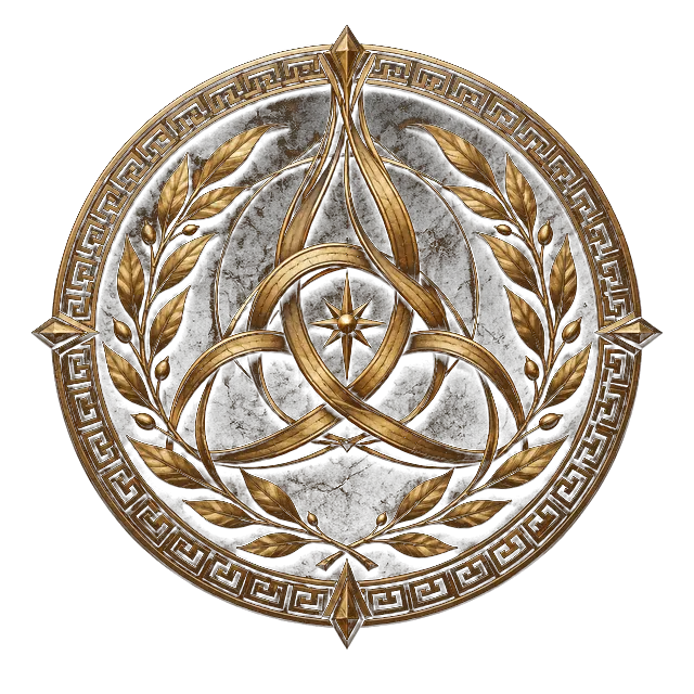 A bronze and gold emblem of three interwoven threads within a laurel wreath