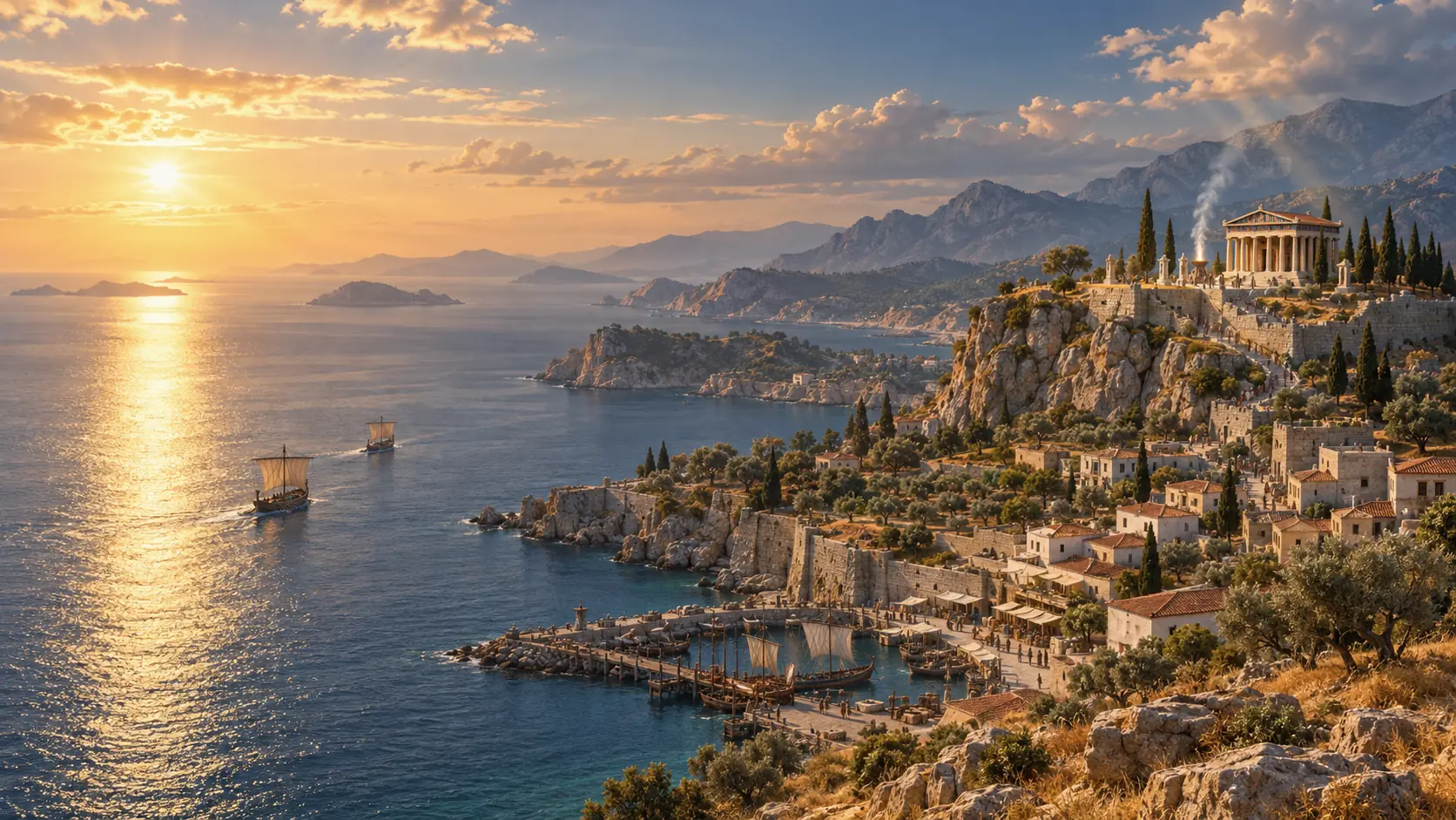Golden evening over the Aegean: merchant ships sail toward a harbour town beneath a clifftop sanctuary, where smoke rises from an altar.