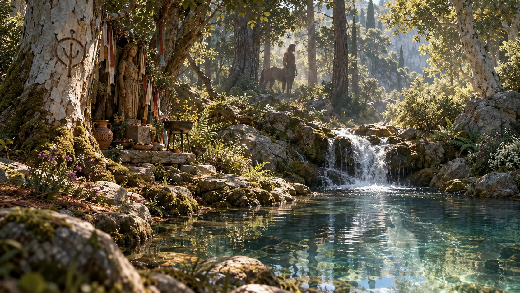 A sunlit spring in an old forest on Mount Pelion: a rustic shrine hung with ribbons, a centaur standing still among the white pines, and in the pool the reflection of a woman who is not there.