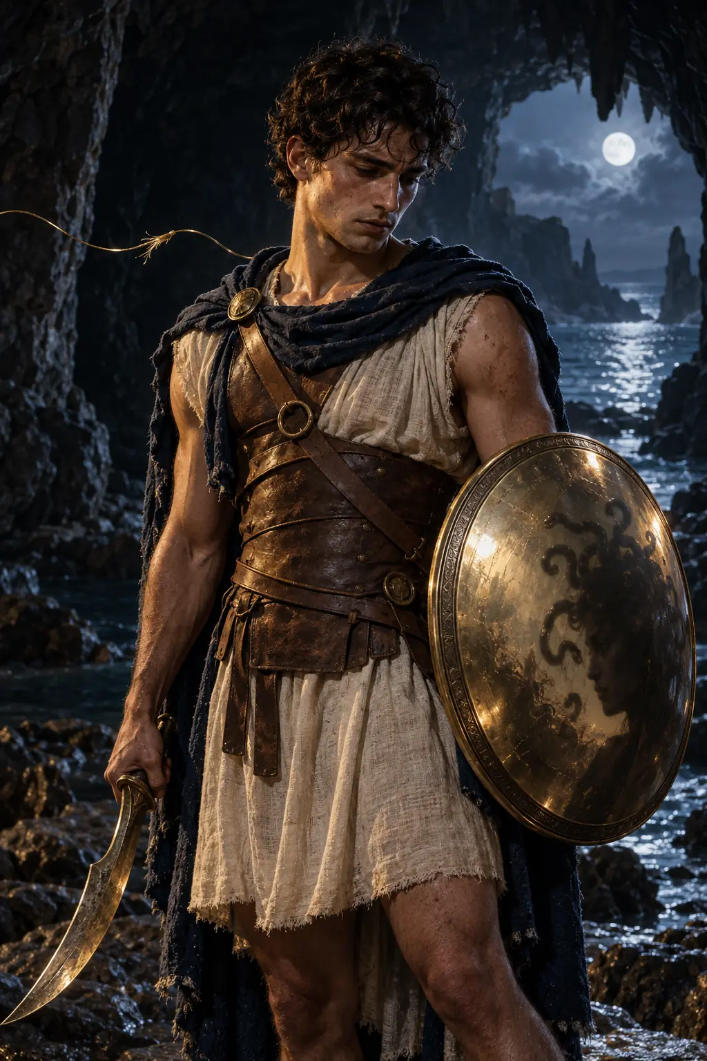 Perseus with lowered eyes in a moonlit sea cave
