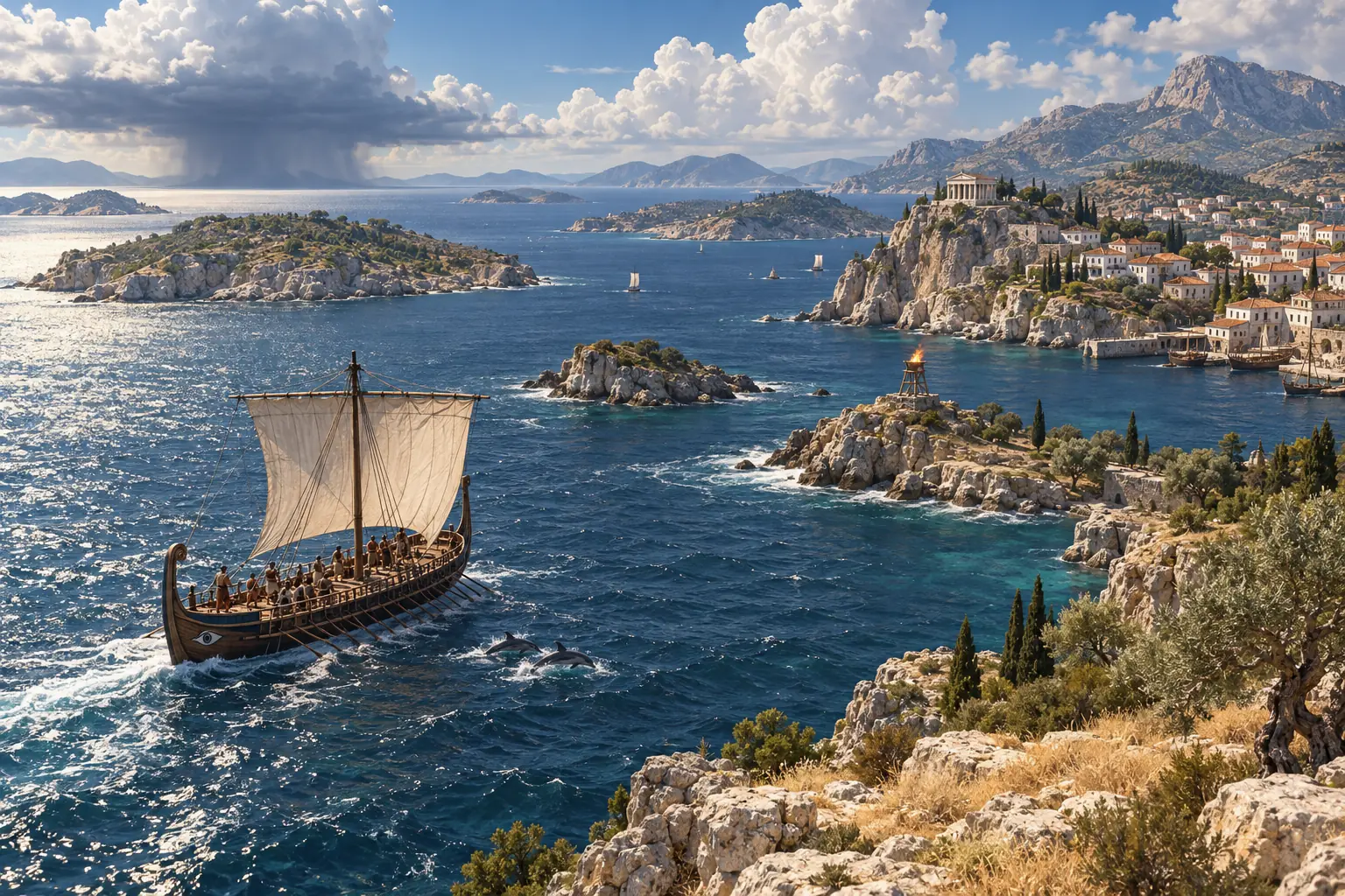 A Greek ship under a square sail crossing a deep blue sea between rocky islands, dolphins at the bow and a still, dark squall on the far horizon.