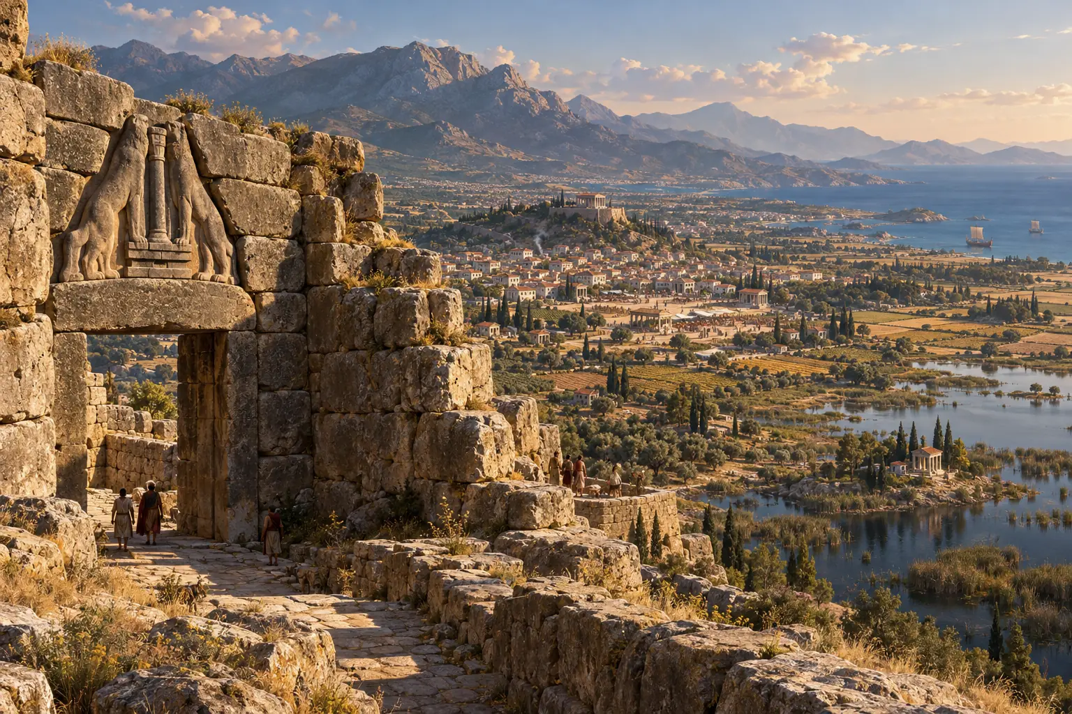 The Argive plain seen from the Cyclopean walls of Mycenae, with the carved lion gate in shadow and the still marshes of Lerna glittering on the coast.