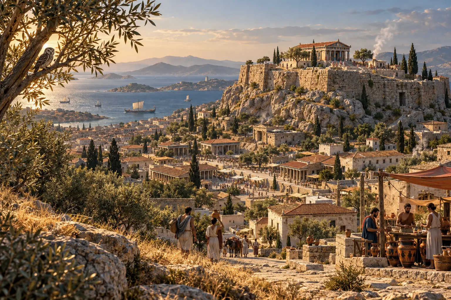 The Acropolis of Athens at late afternoon: Cyclopean walls and an early temple of Athena above the lower town, with the gulf glinting in the distance and an owl on an olive branch.