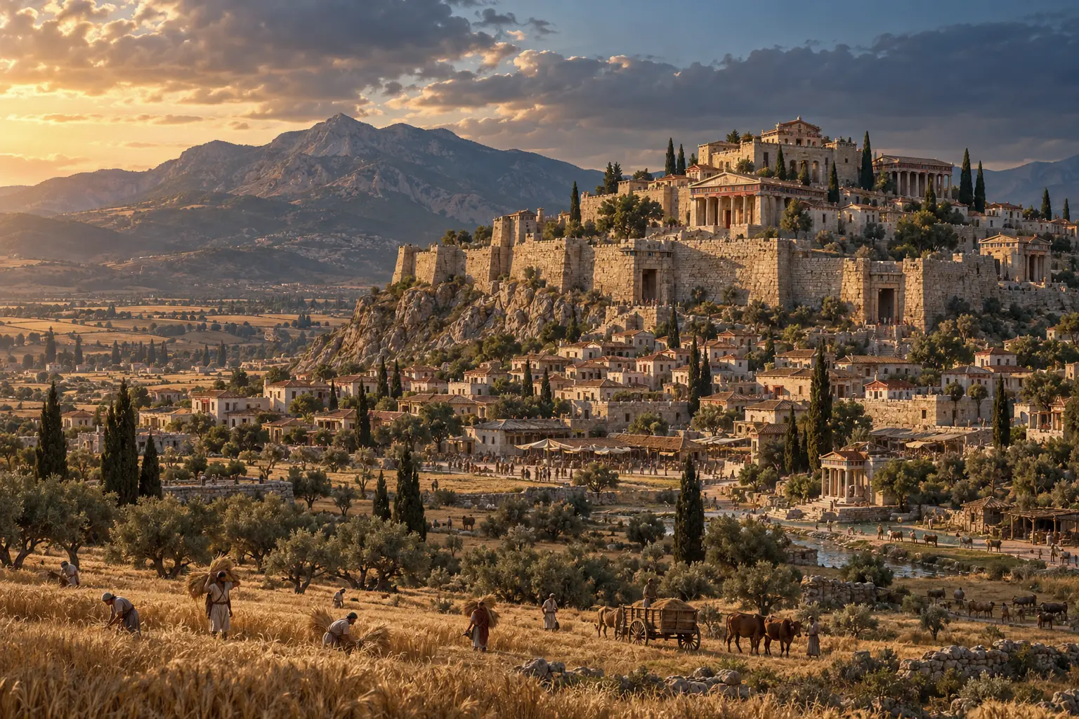 The citadel of Thebes on a low hill above a golden plain, its old walls and gates lit by evening sun, with Mount Cithaeron dark behind.